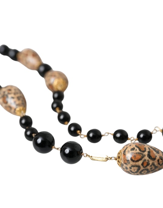 Gouden Toon Messing Zwarte Geprinte Kralen Lange Ketting - Image 3