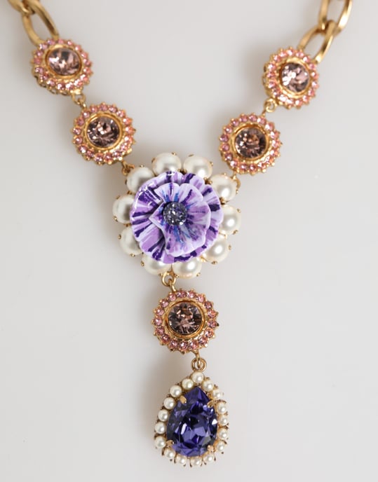 Gouden Messing Kristal Parelen Paarse Bloemen Hanger Sieraden Ketting - Image 2