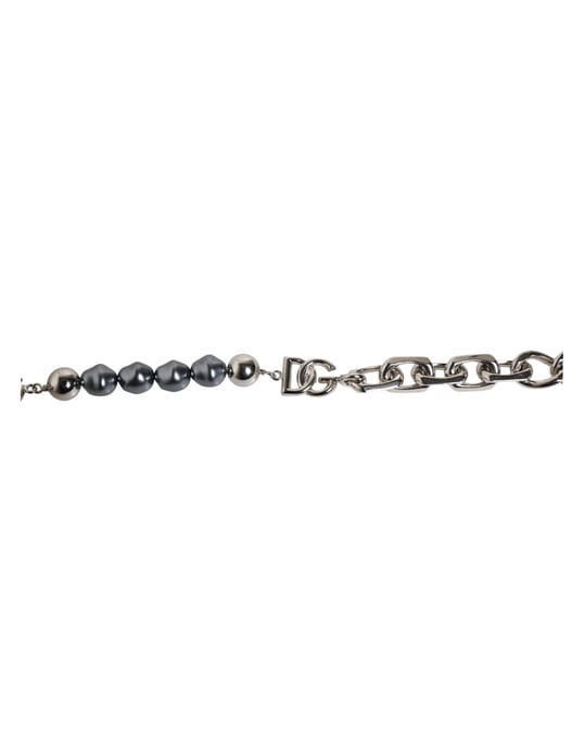 Zilverkleurige ketting met kreeftsluiting en logo armband met grijze parels - Image 2
