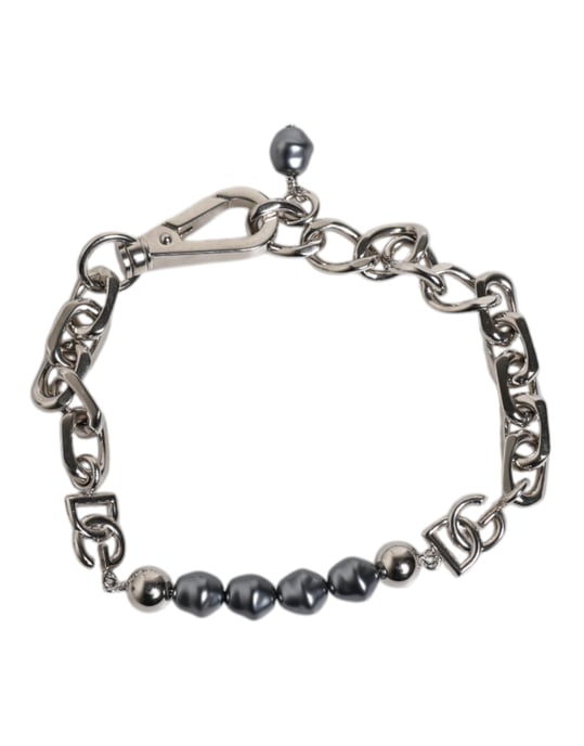 Zilverkleurige ketting met kreeftsluiting en logo armband met grijze parels - Image 5