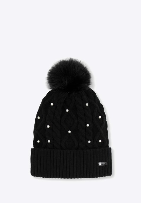 Wittchen Dameshoed met pompon en parels, zwarte viscose - Image 1