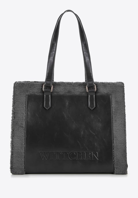 Wittchen Dames eco-leren shopper met bontafwerking, grijs - Image 1