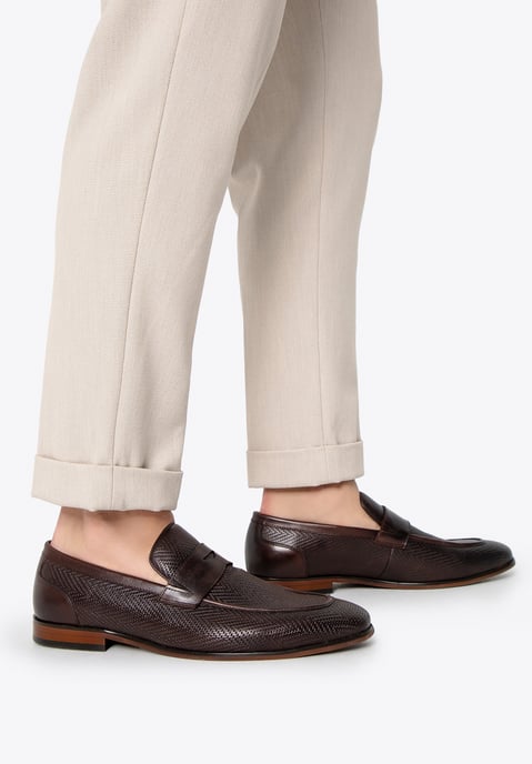 Wittchen Heren Leren Mocassins met Visgraatmotief, Donkerbruin, Natuurlijk Leer - Image 1