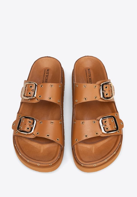 Wittchen Dames leren slippers met metalen details, bruin natuurlijk leer - Image 3