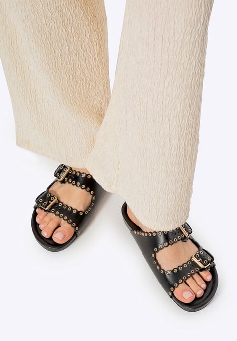 Wittchen Dames leren slippers met decoratieve bandjes, zwart natuurlijk leer - Image 2