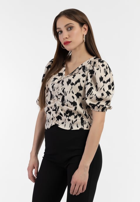 Faina Gedrapeerd blouseoverhemd Dames beige/ zwart - Image 3