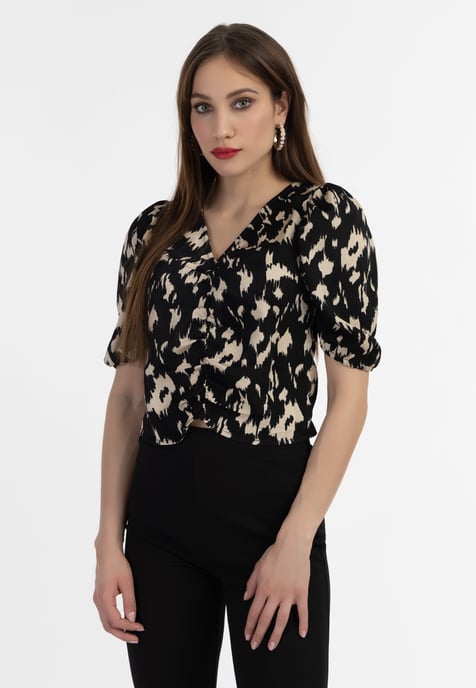 Faina Gedrapeerd blouseoverhemd Dames zwart/beige - Image 3