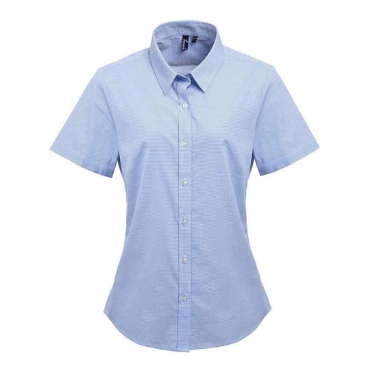 Premier Dames/Dames Micro Gingham geruit katoenen overhemd met korte mouwen (Lichtblauw/Wit) - Image 1