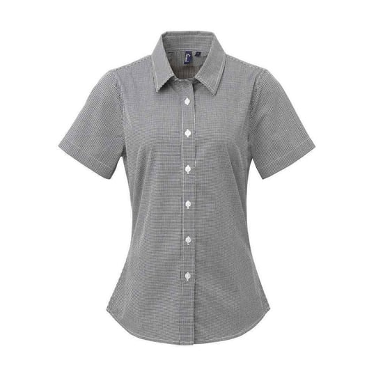 Premier Dames/Dames Micro Gingham geruit katoenen overhemd met korte mouwen (Zwart/Wit) - Image 1