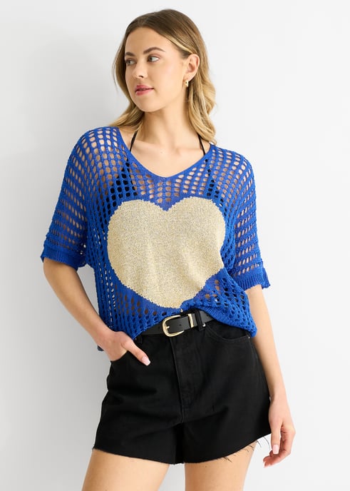 Blauwe visnet top met hartjespatroon, gehaakt - Image 2