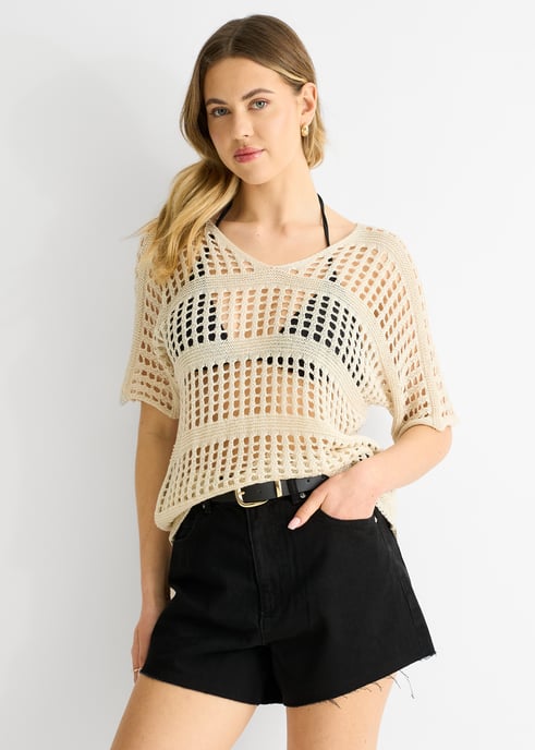 Beige visnet gehaakte losvallende top - Image 2