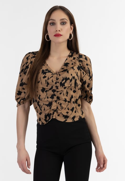Faina Gedrapeerd blouseoverhemd Dames Camel zwart - Image 3