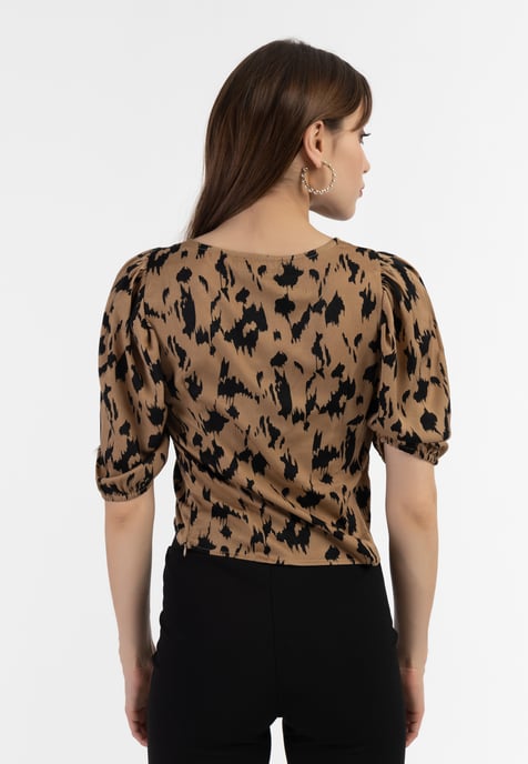 Faina Gedrapeerd blouseoverhemd Dames Camel zwart - Image 4