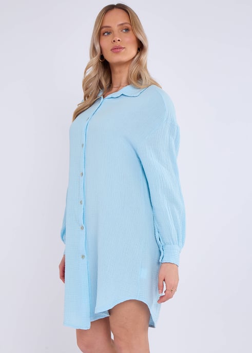Blauw katoenen oversized shirt met textuur - Image 3