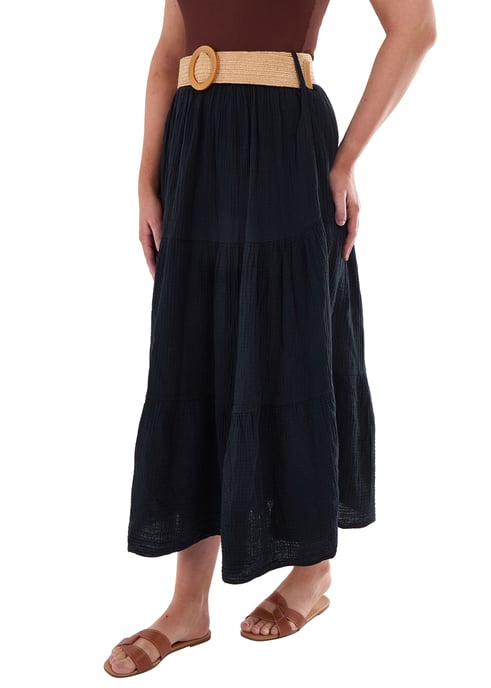 Zwarte katoenen seersucker maxi-rok met ceintuur - Image 2