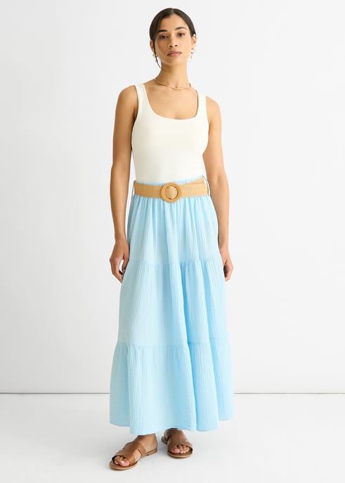 Blauwe katoenen seersucker maxi-rok met ceintuur - Image 1