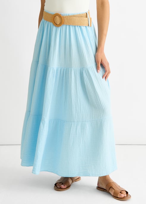 Blauwe katoenen seersucker maxi-rok met ceintuur - Image 2