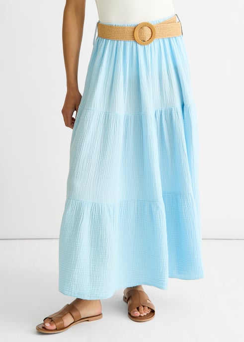 Blauwe katoenen seersucker maxi-rok met ceintuur - Image 3