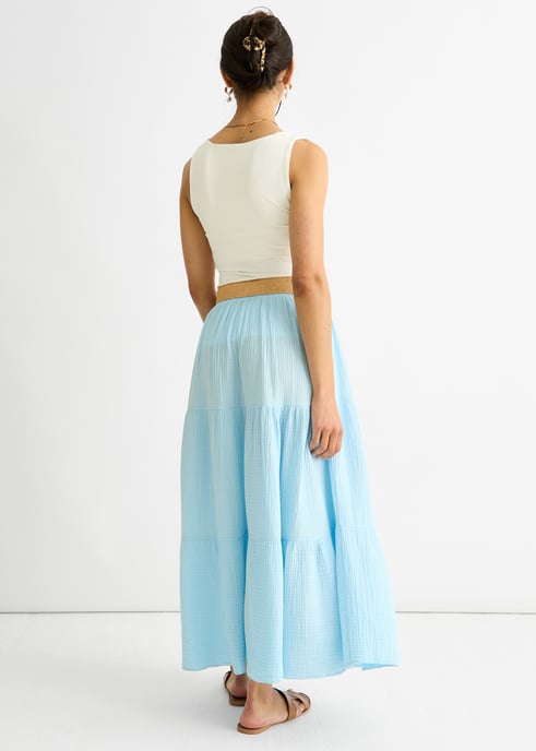 Blauwe katoenen seersucker maxi-rok met ceintuur - Image 4