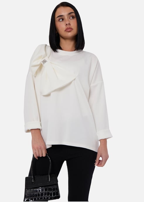 Crèmekleurige oversized trui met contrasterende strik aan de zijkant - Image 2