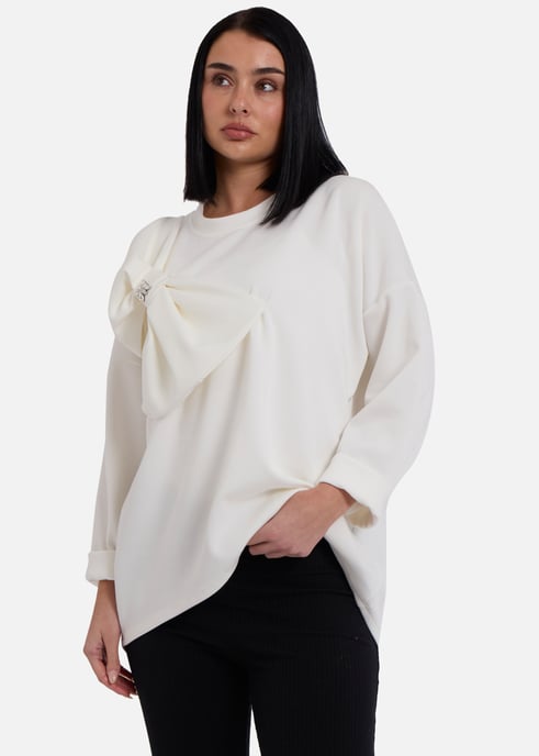 Crèmekleurige oversized trui met contrasterende strik aan de zijkant - Image 3