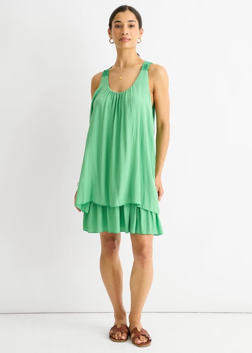 Groene gehaakte paneel dubbellaagse katoenen mini-jurk - Image 1