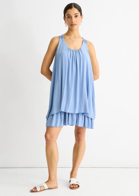 Denim gehaakt paneel dubbellaagse katoenen mini-jurk - Image 1
