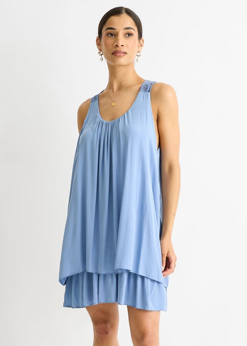 Denim gehaakt paneel dubbellaagse katoenen mini-jurk - Image 3