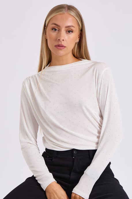 Witte Diamante Stud Cowl Front Bodysuit - Image 2