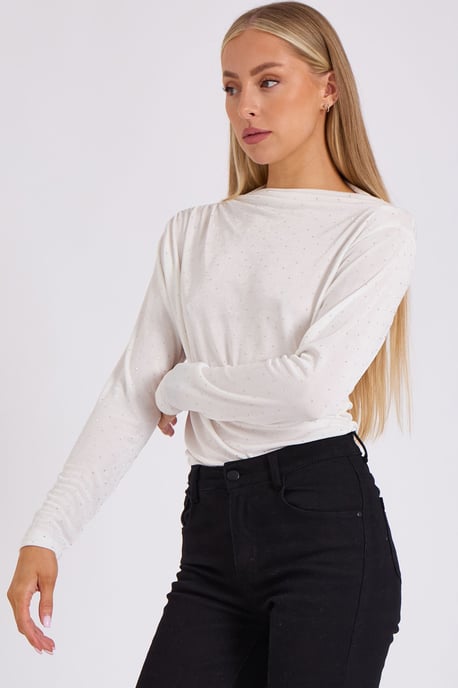 Witte Diamante Stud Cowl Front Bodysuit - Image 3