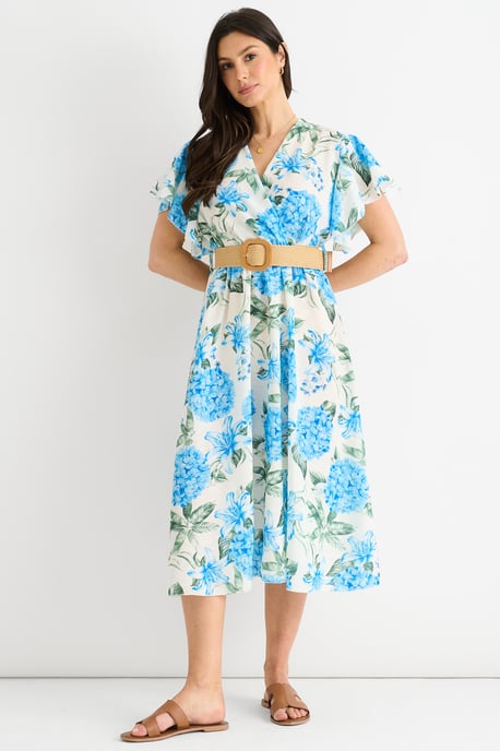Blauwe midi-jurk met bloemenprint, engelenmouwen en ceintuur - Image 1