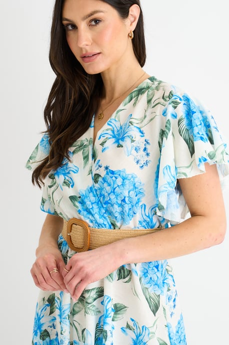 Blauwe midi-jurk met bloemenprint, engelenmouwen en ceintuur - Image 2