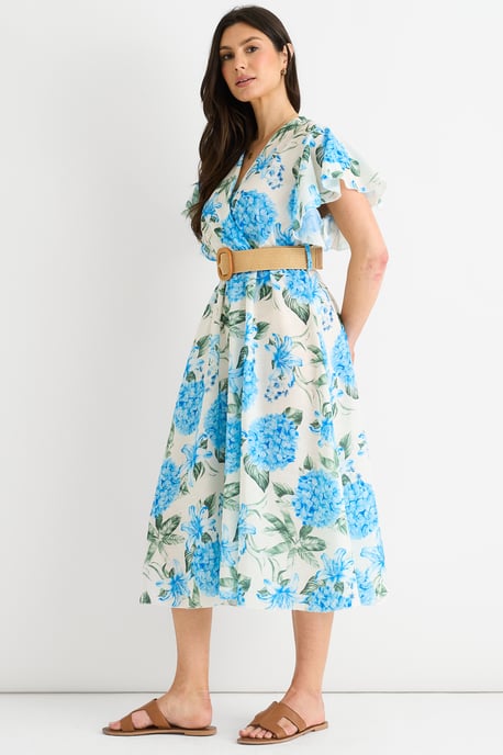 Blauwe midi-jurk met bloemenprint, engelenmouwen en ceintuur - Image 3