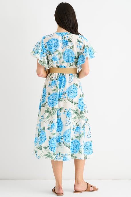 Blauwe midi-jurk met bloemenprint, engelenmouwen en ceintuur - Image 4