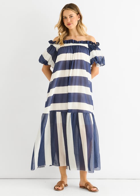 Blauwe katoenen voile bardot gestreepte midi-jurk - Image 3
