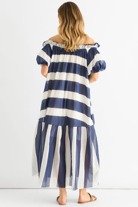 Blauwe katoenen voile bardot gestreepte midi-jurk - Image 4