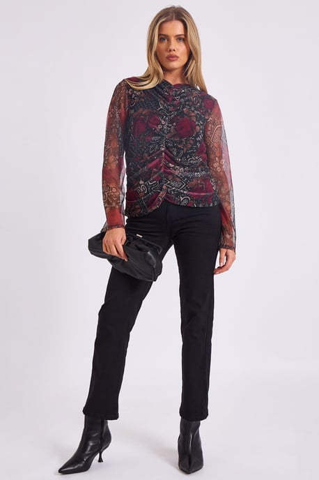 Top met meshprint en gerimpelde voorkant - Image 1