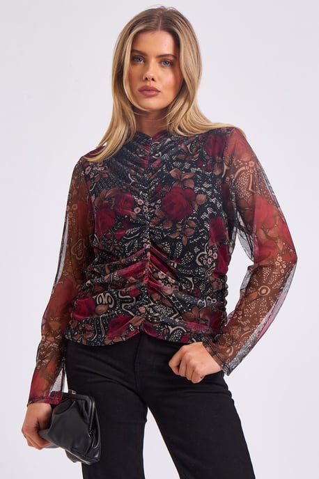 Top met meshprint en gerimpelde voorkant - Image 2