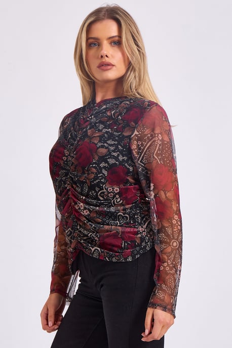 Top met meshprint en gerimpelde voorkant - Image 3