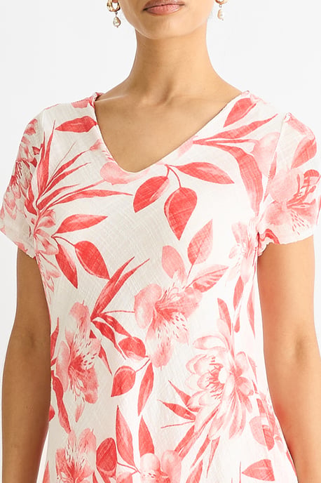 Rode katoenen jurk met bloemenprint en V-hals - Image 2