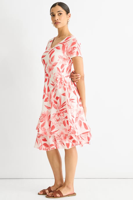 Rode katoenen jurk met bloemenprint en V-hals - Image 3