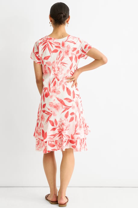 Rode katoenen jurk met bloemenprint en V-hals - Image 4