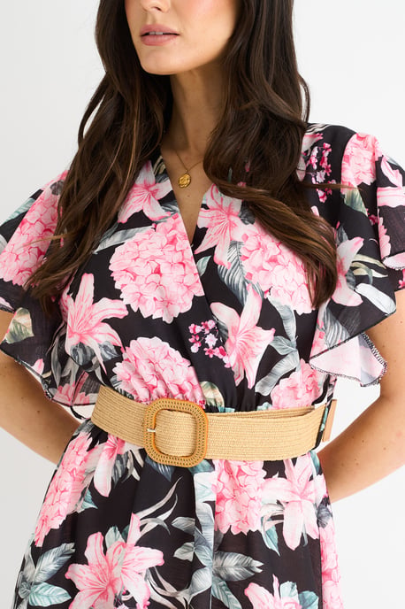 Zwarte midi-jurk met bloemenprint, engelenmouwen en ceintuur - Image 2