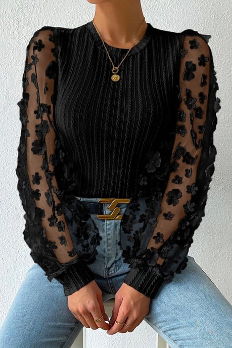 Zwarte Bloemmotief Applicatie Mouwen Geweven Trui Blouse - Image 3
