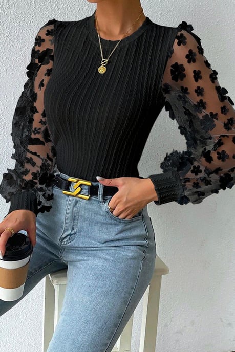 Zwarte Bloemmotief Applicatie Mouwen Geweven Trui Blouse - Image 4