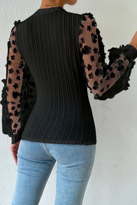 Zwarte Bloemmotief Applicatie Mouwen Geweven Trui Blouse - Image 5