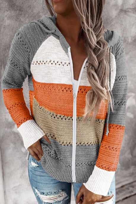 Grijze Gekleurde Gebreide Hoodie met Rits en Uitsparingen - Image 2