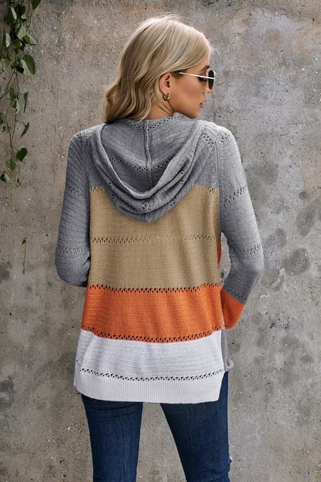 Grijze Gekleurde Gebreide Hoodie met Rits en Uitsparingen - Image 3