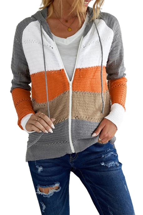 Grijze Gekleurde Gebreide Hoodie met Rits en Uitsparingen - Image 4