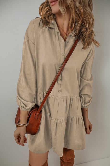 Tan Puff Sleeve Knopjes Gerimpelde Tiered Shirt Mini Jurk - Image 2
